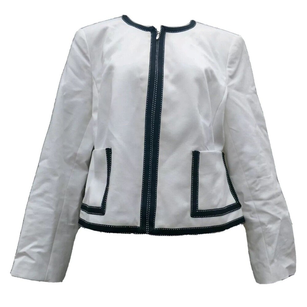 Nygard Collection Blazer Jacket Womens Sz 8 White Black Pockets Zip Long Sleeve